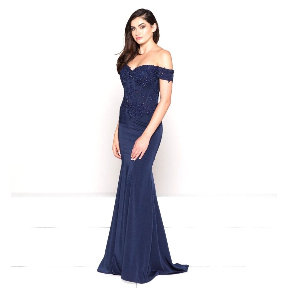 NWT Glow Blue Off the Shoulder Lace Sequin Gown Dress Size 10 Corset Train